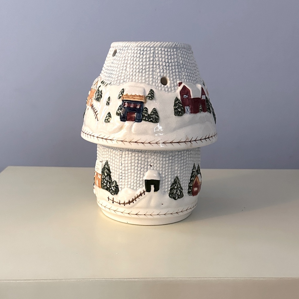 Russ Ceramic Candle Holder with Winter Village Scene - White, Red, Green